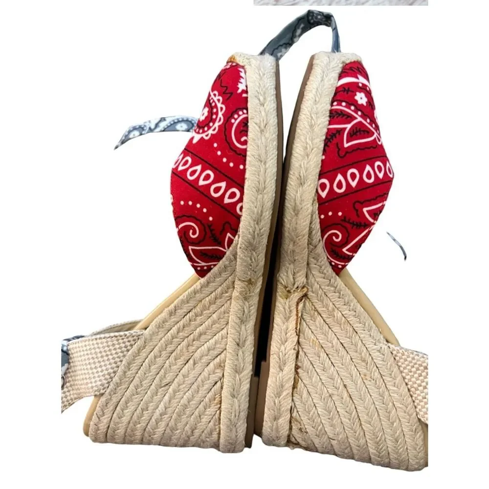 NINE WEST red blue bandana ankle strap wedges size 7.5 M